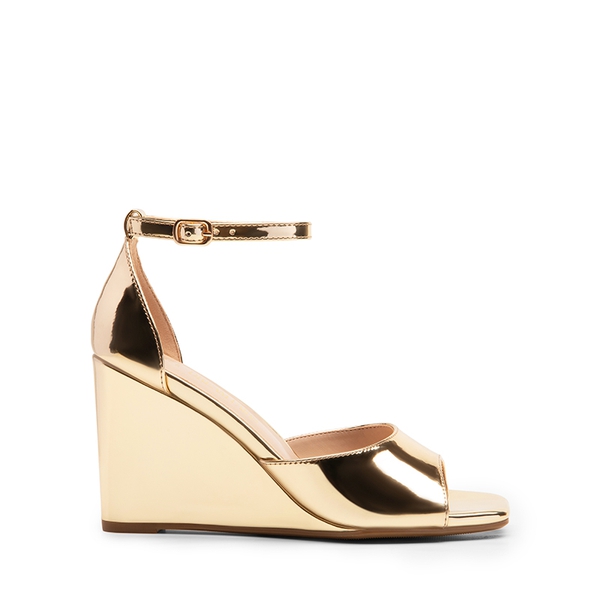 Square-Toe Buckle Strap Wedge Sandals - GOLD - 3